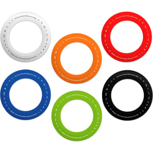 A set of six silicone flyers in white, orange, red, blue, green, and black, featuring various designs and a logo.