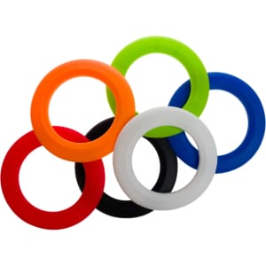 A set of six silicone flying discs in red, orange, green, blue, black, and white, featuring a logo.