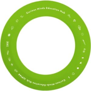 A silicone flyer in bright green featuring various icons and the text "Curious Minds Education Hub."