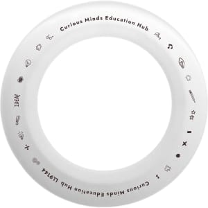 A silicone flyer featuring a circular design with various playful icons and branding for Curious Minds Education Hub.