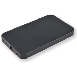 A power bank in a sleek black design, featuring USB ports and indicators for battery level.