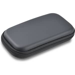 A sleek black power bank with a smooth surface and zippered case for easy storage and portability.