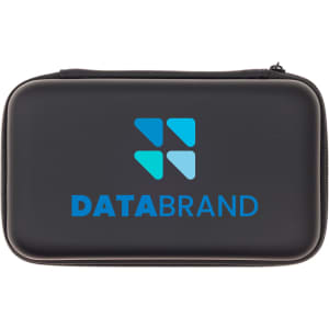 A black zippered case featuring a blue and light blue logo, designed for storing gadgets or accessories.