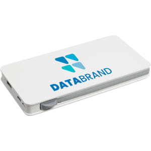 A white power bank with a logo, featuring a sleek design and a side button.