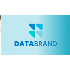 A promotional power bank in a blue gradient with a logo. The design is sleek and modern.