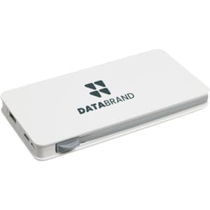 A white wireless power bank with a grey accent and a logo. It features USB ports for charging devices.