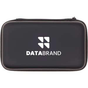 A black zippered case with a logo, designed for storing electronic accessories.