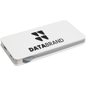 A white power bank with a grey accent and a logo on the surface, designed for charging devices.