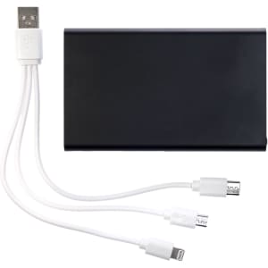 A black power bank with a USB cable featuring multiple connectors in white.