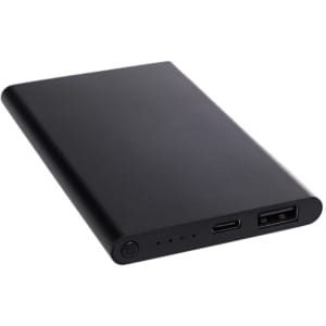 A black power bank with USB and USB-C ports, featuring a power button and LED indicators.