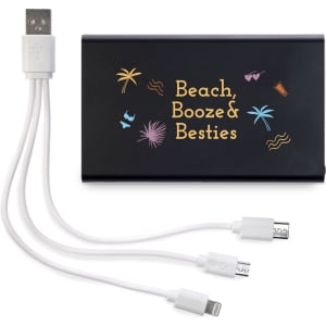 A black power bank with a logo and three charging cables in white, featuring a beach-themed design.