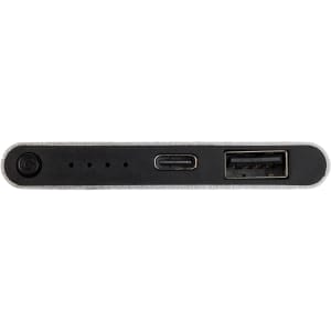 A black and silver power bank featuring a USB port, a USB-C port, and battery level indicators.