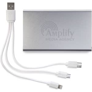 A silver power bank with multiple charging cables, featuring a logo on the front.