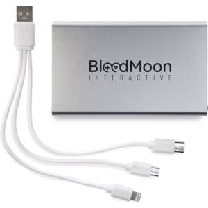 A silver power bank with multiple charging cables attached, featuring a branding logo.
