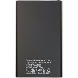 A sleek black power bank with a capacity of 4000mAh, featuring input and output specifications. Includes a logo.