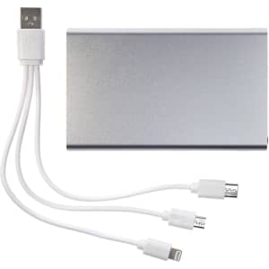 A silver power bank with multiple charging cables in white, featuring a logo on the surface.