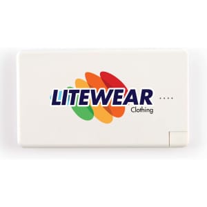 A white power bank with a logo, featuring a sleek design and multiple indicator lights.