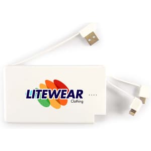 A 5,000mAh power bank featuring a white design with the "LITEWEAR Clothing" logo and integrated charging cables.