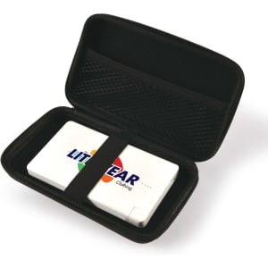 A white power bank inside a black zippered case, featuring a logo on the top.
