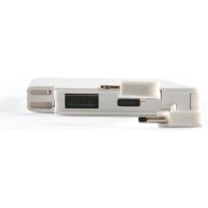 A white power bank with multiple ports and a compact design, featuring a logo on the side.