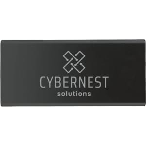 A power bank featuring a sleek black design with the logo "CYBERNEST solutions" embossed on the surface.