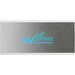 A power bank featuring a sleek silver design with the logo of the Bayside Water Authority printed in blue.