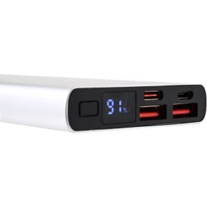 A sleek silver power bank with multiple ports, including USB and USB-C, displaying a battery percentage of 91%.