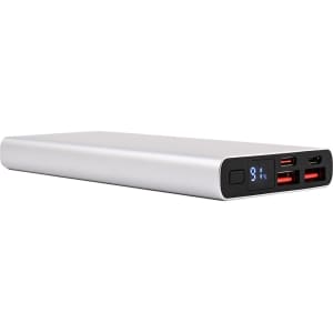 A silver power bank featuring multiple USB ports and a digital display. It has a sleek, modern design.