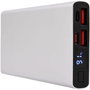 A silver power bank with multiple USB ports and a display, designed for charging devices.