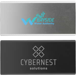 A power bank featuring a silver and black design, with two sides and logos on each side.