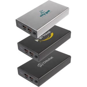 Three power banks stacked in a stack, featuring silver and black colors, each displaying a different logo.
