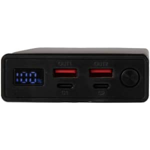 A power bank featuring two USB output ports, an LED display showing battery percentage, and a compact design in black.