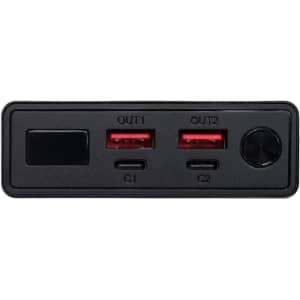 A black power bank featuring two USB output ports, a USB-C port, and a control dial. It includes a logo.