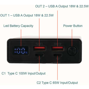 A black power bank with multiple USB outputs, LED battery indicator, and power button. Features two USB-A and two Type-C ports.