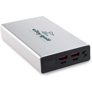 A silver power bank with multiple USB ports, featuring the logo of "city.golf" on the surface.