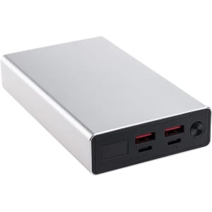 A silver power bank with multiple USB ports and a logo, designed for charging mobile devices.