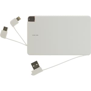 A white power bank with three attached charging cables for various devices. It has a minimalist design and a logo.