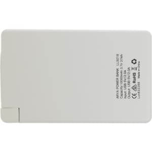A power bank labeled "Arya 10,000mAh Power Bank," featuring a compact design and printed specifications on the back.