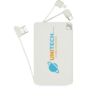A 10,000mAh power bank with three built-in charging cables and the branding "UNITECH GLOBAL SOLUTIONS."