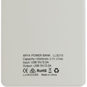 A light grey power bank with a capacity of 10,000mAh, featuring a logo and technical specifications on the back.