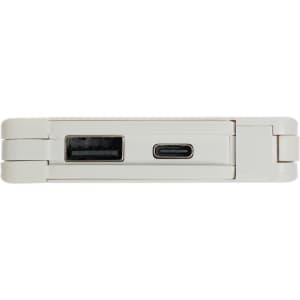 A 10,000mAh power bank in a sleek design featuring a USB port and a USB-C port for charging devices.