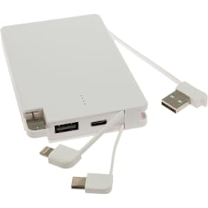 A white power bank with multiple charging cables, featuring a USB and USB-C port.