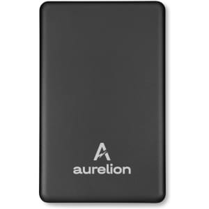 A solid black power bank with a logo on the front, designed for charging electronic devices.