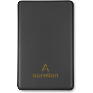 A solid black power bank with a gold logo on the front. Compact and portable design for charging devices.