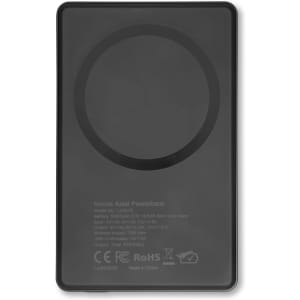 A black solid-state power bank with a circular charging area and a logo on the surface.