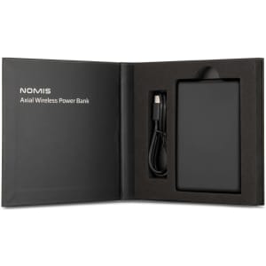 A black Axial by Nomis solid state power bank in a sleek presentation box with a USB cable.