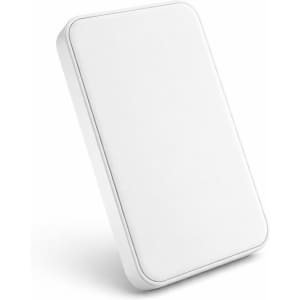 A white solid state power bank with a sleek, minimalist design and a smooth surface. It features branding on the surface.