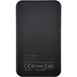 A black solid state power bank with a logo and specifications detailed on the back.