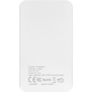 A white power bank with a smooth finish, featuring a logo and specifications printed on one side.