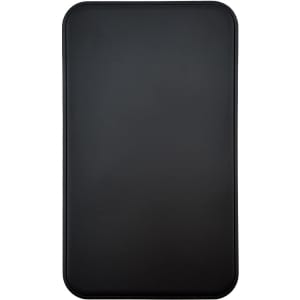 A black solid state power bank with a smooth surface and rounded edges, featuring a logo.